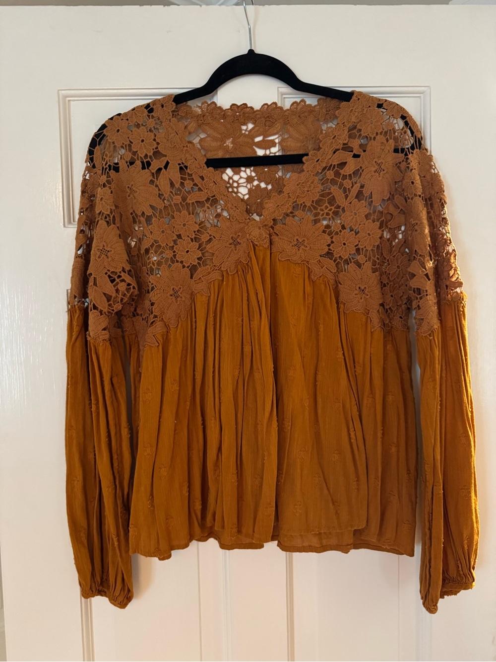Free People Boho Lace Yoke Peasant Blouse - Rust